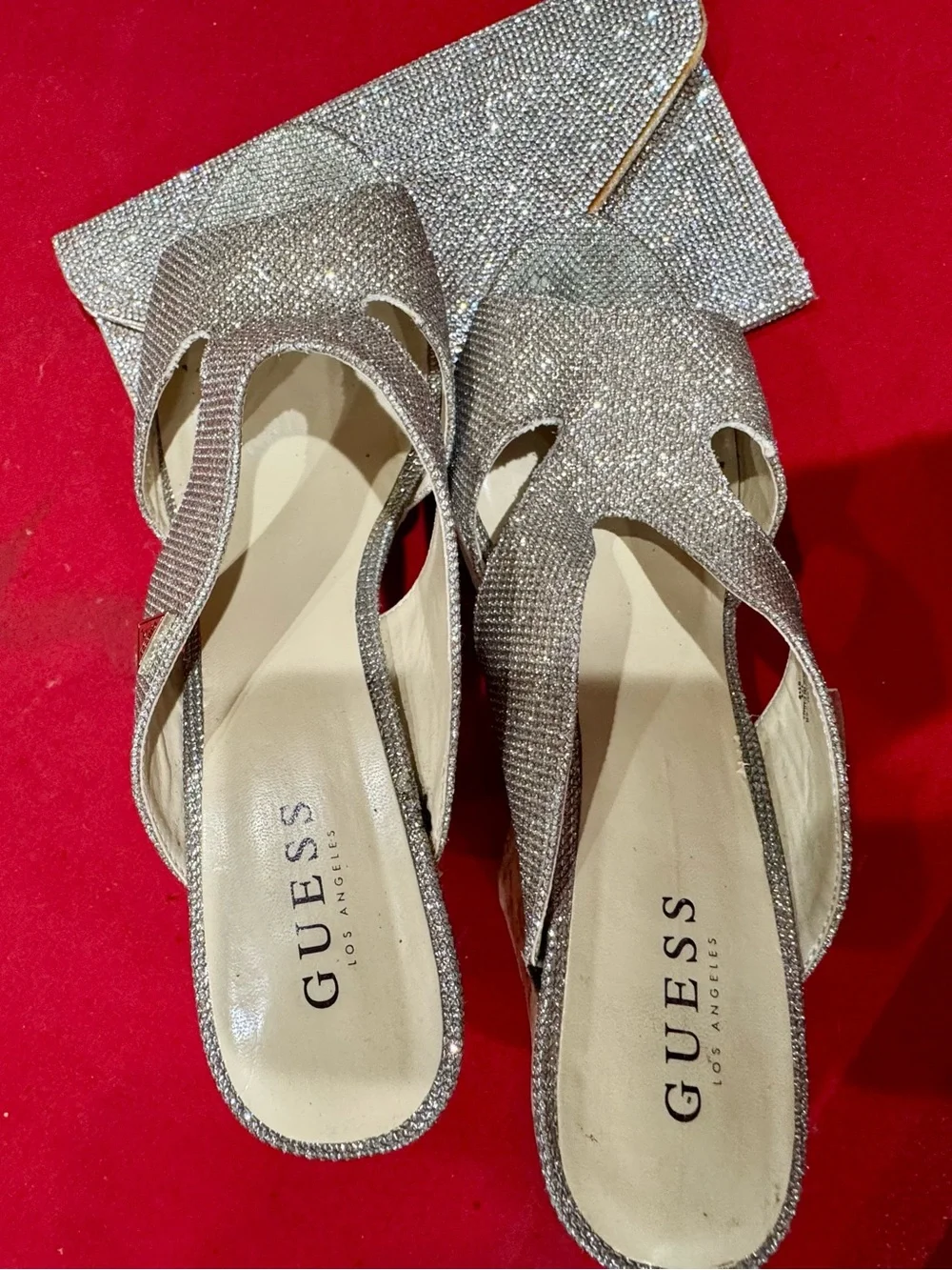 GUESS Silver Glitter Slingback Mules with Matching Clutch